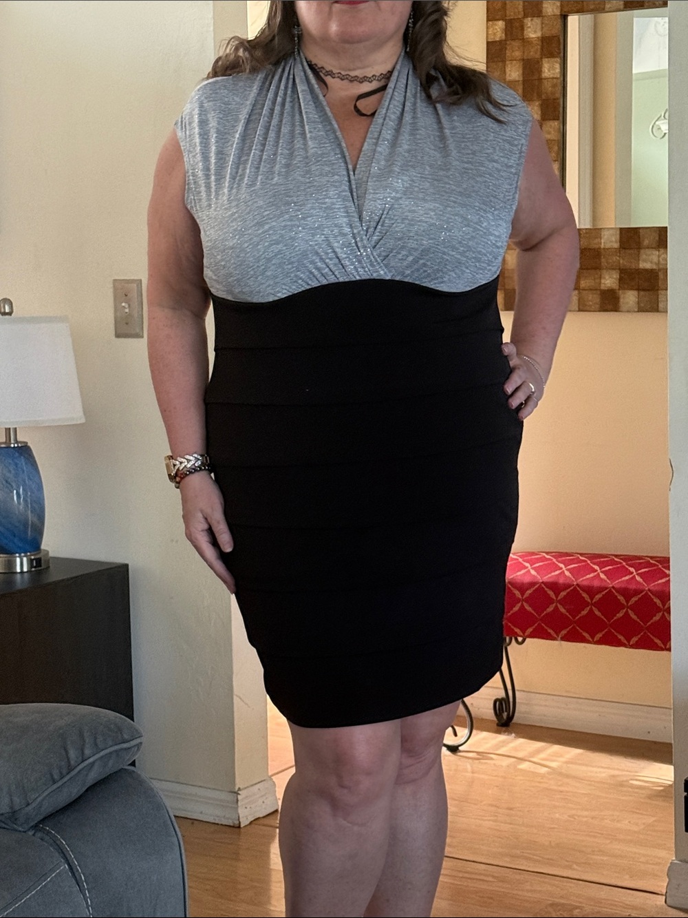 Silver & Black Surplice Mini Dress - Elegant Two-Tone Cocktail Dress